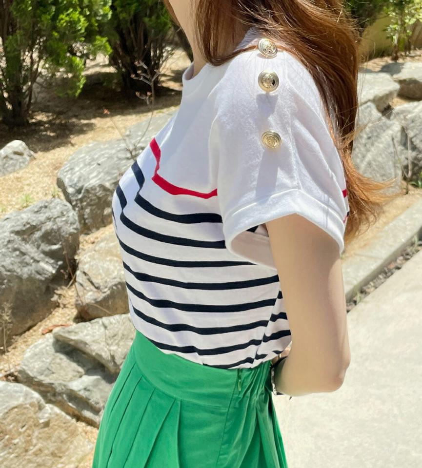 【マラソン特価】ボーダーロールアップスリーブTシャツ・全2色・b00743 レディース 【tops】トップス 半袖 Tシャツ ボーダー 柄 模様 マリン ボタン ロールアップ ロング丈 ルーズ 春 夏 ホワイト 白 ネイビー 紺 カジュアル 韓国ファッション ハイホリHIHOLLI