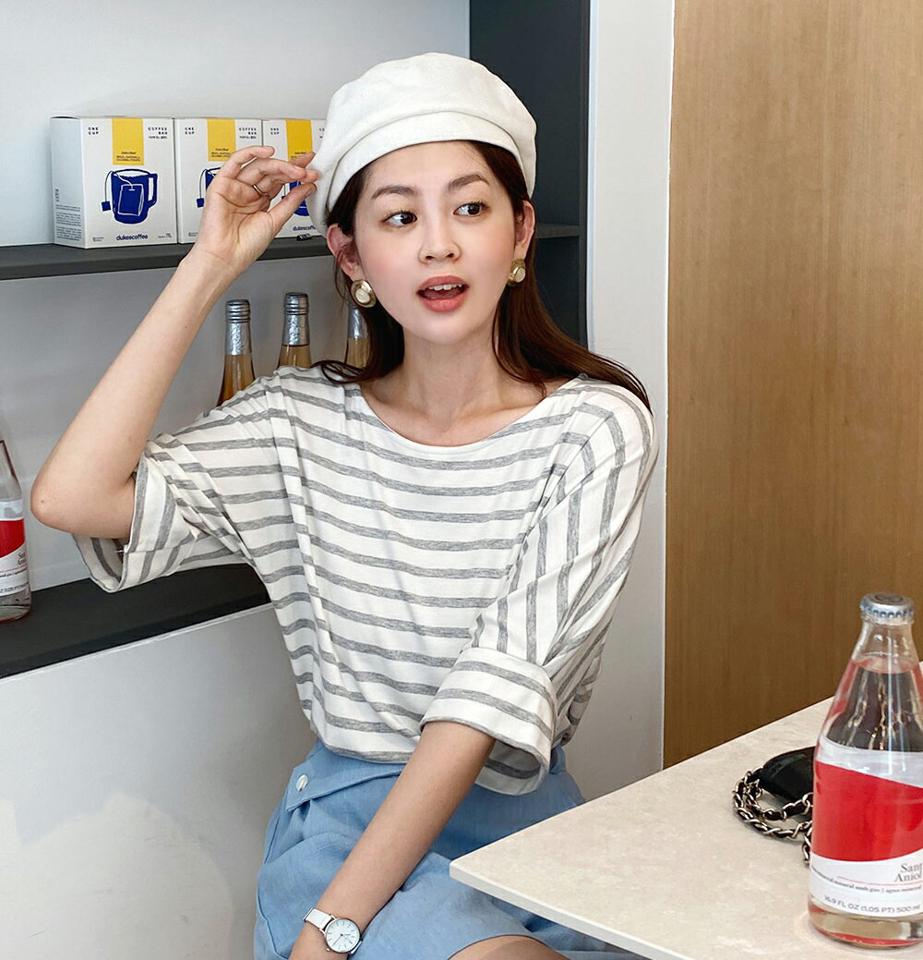 ボーダーパフTシャツ・全3色・b67844 レディース 【tops】トップス Tシャツ 半袖 ハーフスリーブ ボーダー柄 ボーダーT ラウンドネック パフスリーブ カジュアル ラフ 春 夏 韓国ファッション