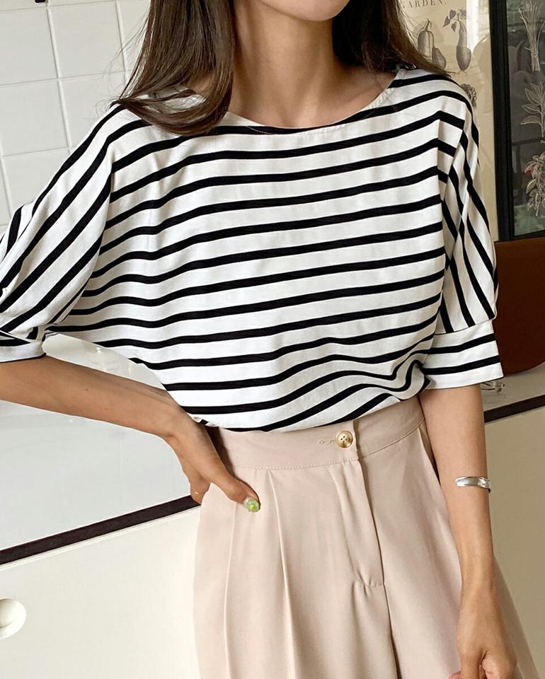 ボーダーパフTシャツ・全3色・b67844 レディース 【tops】トップス Tシャツ 半袖 ハーフスリーブ ボーダー柄 ボーダーT ラウンドネック パフスリーブ カジュアル ラフ 春 夏 韓国ファッション