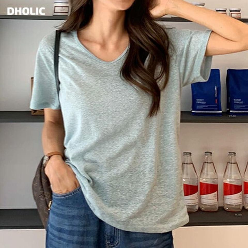 リネン混VネックTシャツ・全7色・t67843 レディース 【tops】トップス Tシャツ 半袖 Vネック リネン シンプル メランジカラー カジュアル ラフ ベーシック 夏 韓国ファッション