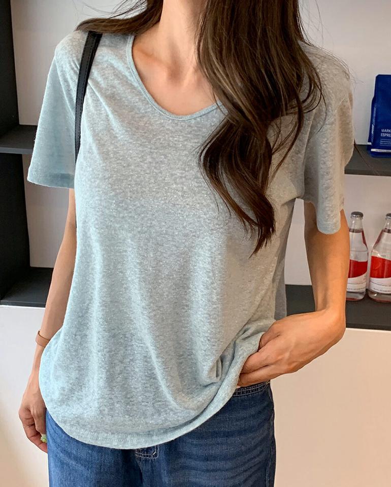 リネン混VネックTシャツ・全7色・t67843 レディース 【tops】トップス Tシャツ 半袖 Vネック リネン シンプル メランジカラー カジュアル ラフ ベーシック 夏 韓国ファッション