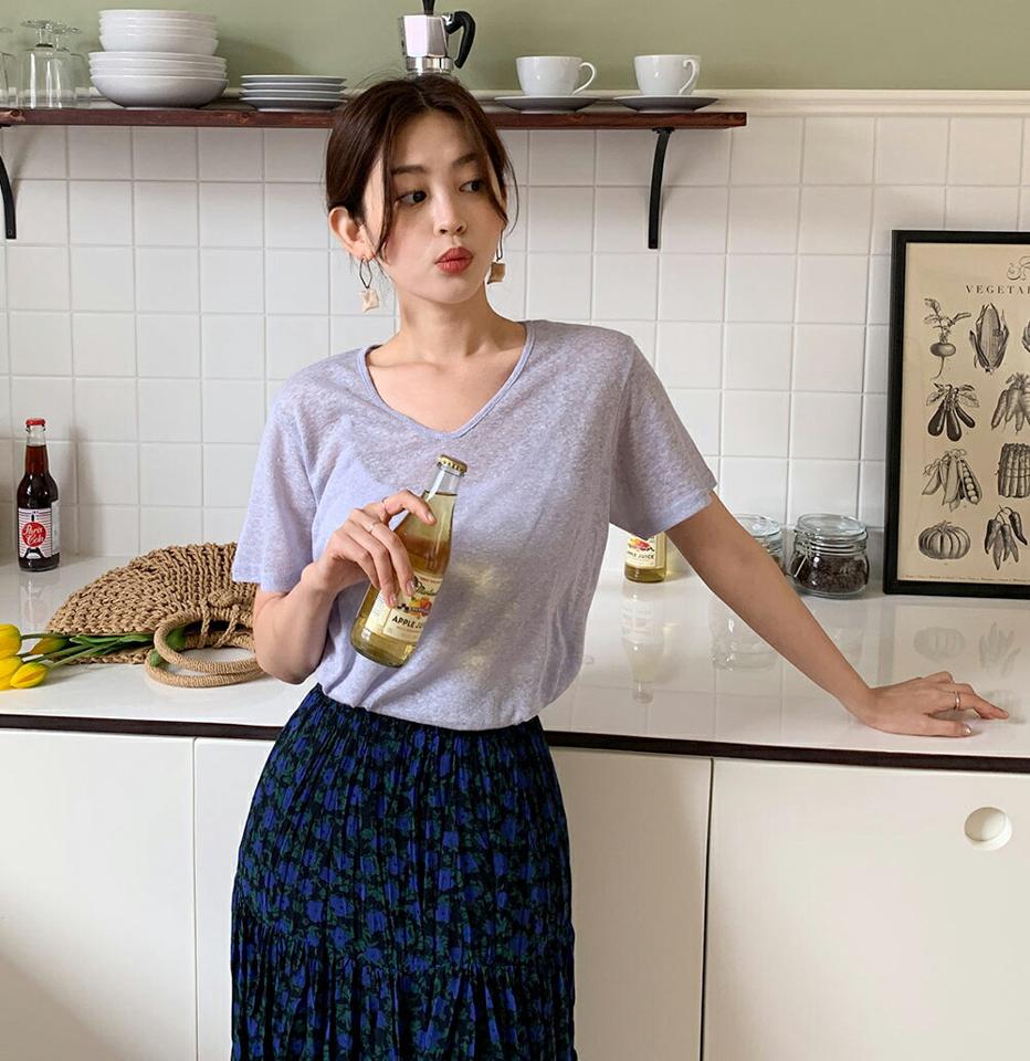 リネン混VネックTシャツ・全7色・t67843 レディース 【tops】トップス Tシャツ 半袖 Vネック リネン シンプル メランジカラー カジュアル ラフ ベーシック 夏 韓国ファッション