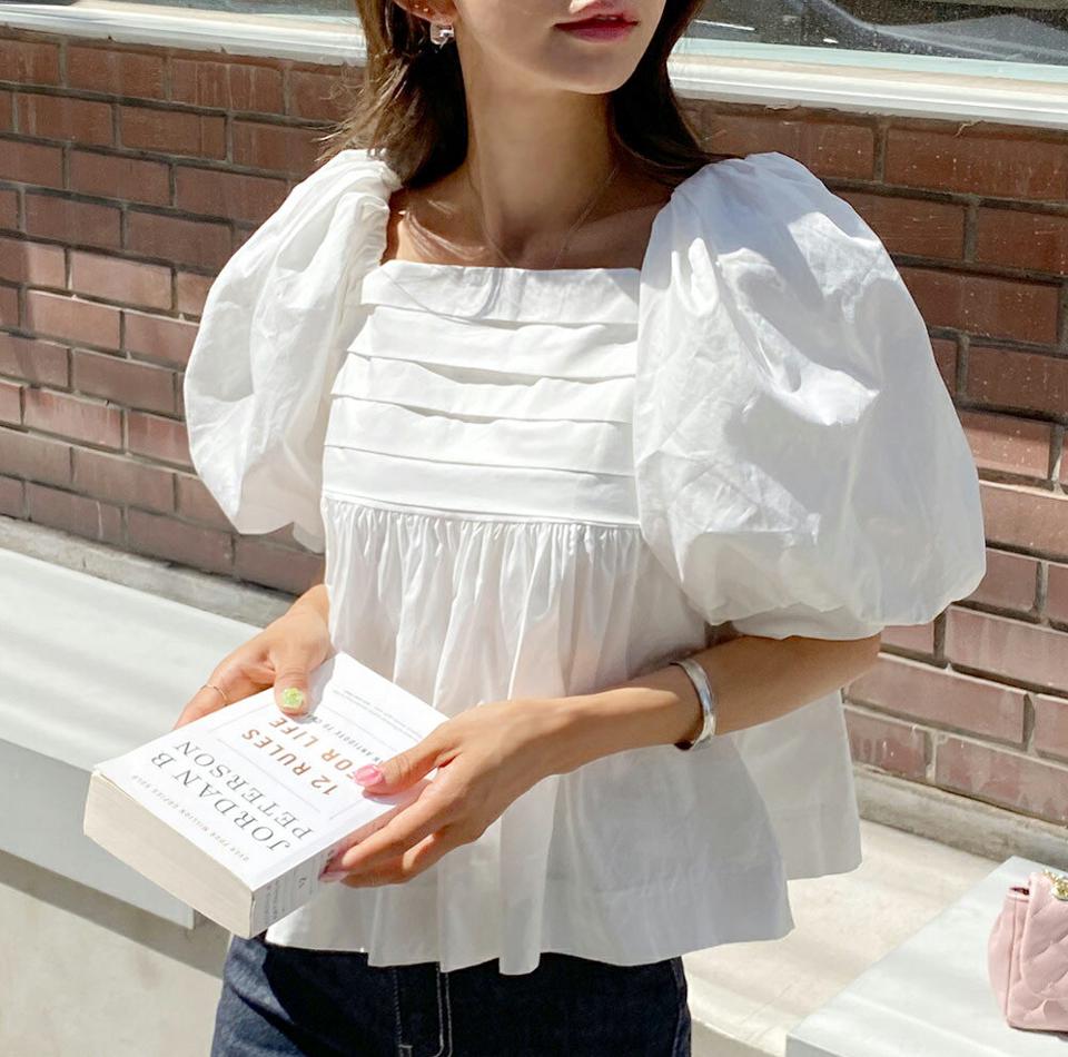 2WAYバルーンスリーブペプラムブラウス・全4色・t67846 レディース 【bl】トップス ブラウス 半袖 バルーンスリーブ ボリューム袖 袖コン 二の腕カバー お腹カバー ペプラムトップス オフショルダー ゴム かわいい 水色 夏 韓国ファッション