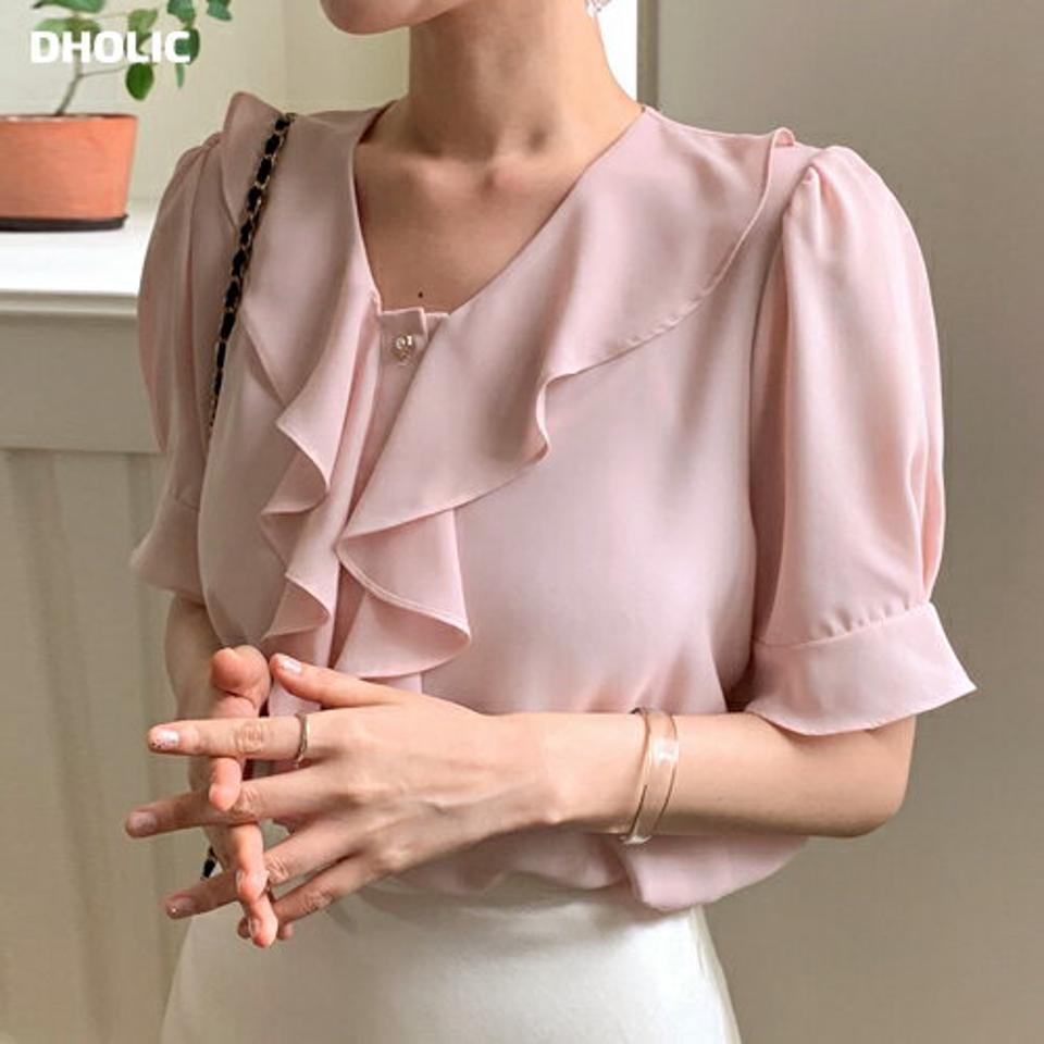 フリルパフブラウス・全4色・t67877 レディース 【bl】トップス ブラウス 半袖 フリル パフスリーブ ラッフル 上品 きれいめ 大人 ピンク パステル シフォン パールボタン オフィスカジュアル 夏 韓国ファッション