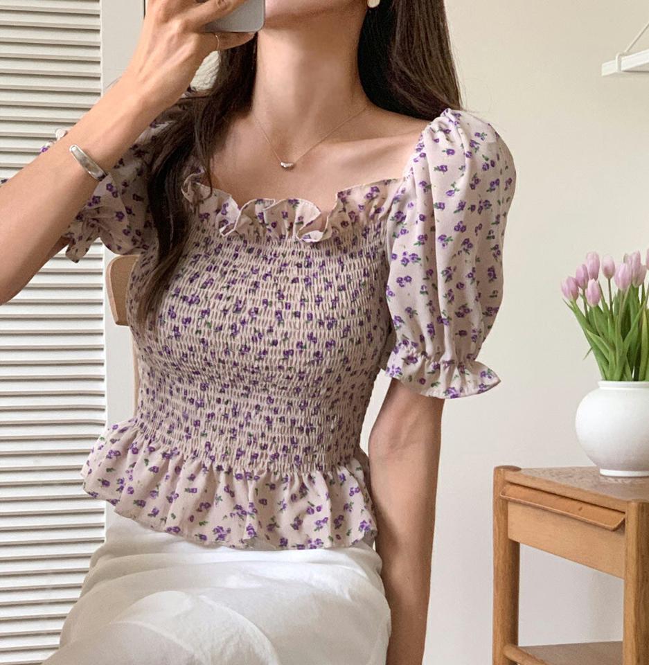 2WAY花柄シャーリングパフブラウス・全3色・t67845 レディース 【bl】トップス ブラウス 半袖 花柄 小花柄 パフスリーブ フェミニン デコルテ 鎖骨 スクエアネック オフショルダー フリル クロップド丈 緑 ゴム 春 夏 韓国ファッション