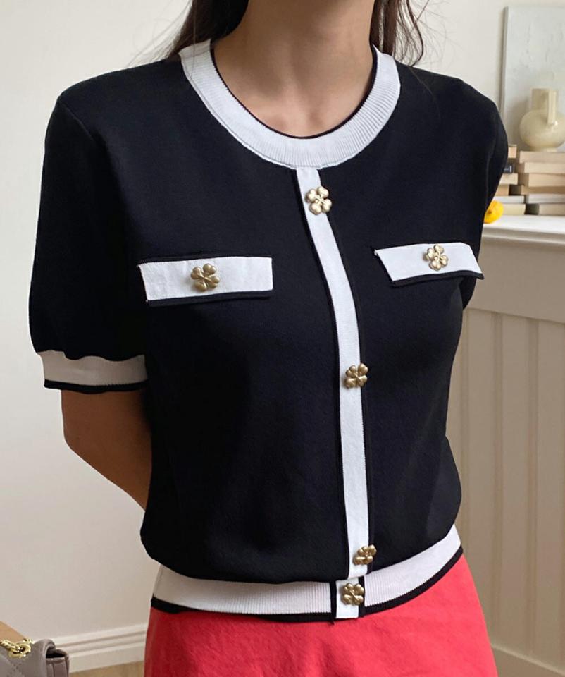 クローバー配色ラインニット・全3色・b67879 レディース 【tops】トップス ニット 半袖 配色 四つ葉 ラウンドネック きれいめ 大人 かわいい 可愛い コントラスト ピンク 春 夏 韓国ファッション