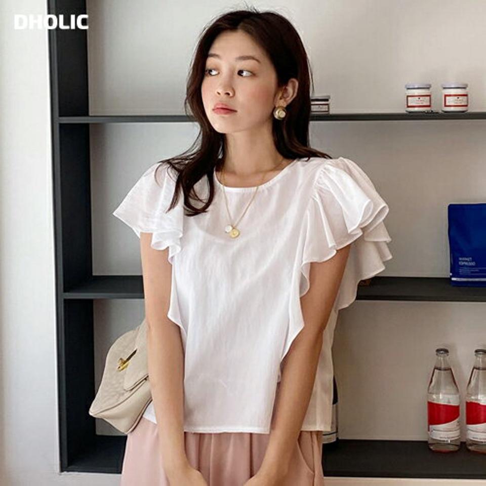 フリルスリーブブラウス・全4色・t67878 レディース 【bl】トップス ブラウス 半袖 フリルスリーブ 袖コン ガーリー かわいい 可愛い 二の腕カバー 単色 無地 シンプル ラウンドネック ショートスリーブ 華奢見え クロップド丈 夏 韓国ファッション