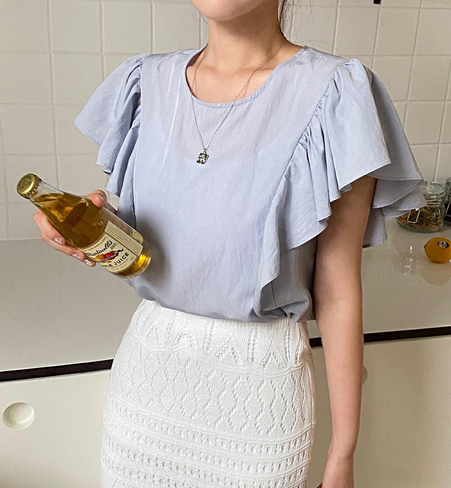 フリルスリーブブラウス・全4色・t67878 レディース 【bl】トップス ブラウス 半袖 フリルスリーブ 袖コン ガーリー かわいい 可愛い 二の腕カバー 単色 無地 シンプル ラウンドネック ショートスリーブ 華奢見え クロップド丈 夏 韓国ファッション