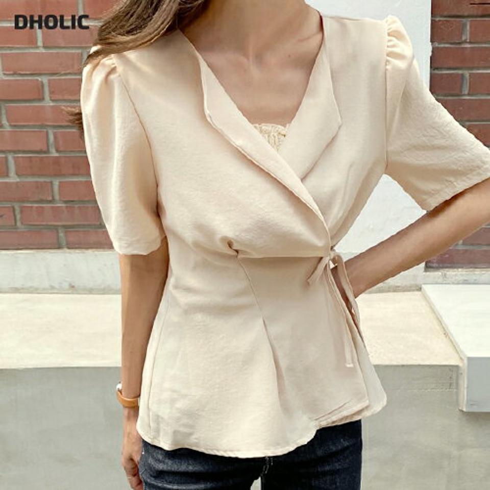 Vネックラップカラーブラウス・全4色・t67850 レディース 【bl】トップス ブラウス Vネック ハーフスリーブ 半袖 二の腕カバー パフスリーブ 上品 レディ きれいめ 大人 単色 無地 シンプル ウエストマーク ラップデザイン 夏 韓国ファッション