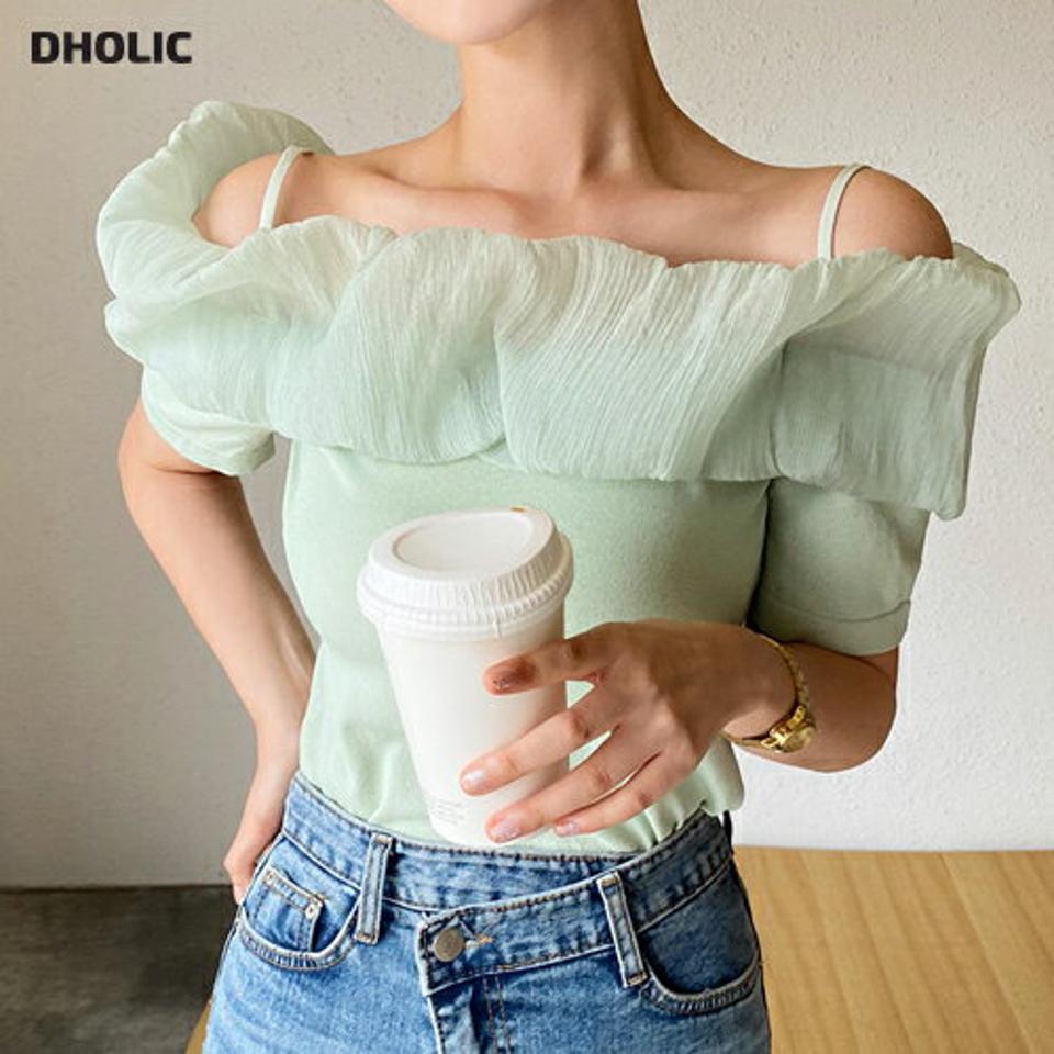 シフォンオフショルダーニット・全3色・t67308 レディース 【tops】トップス ニット 異素材 フリル シフォン オフショルダー 肩出し skt 鎖骨 デコルテ 可愛い かわいい ガーリー パステル 黄緑 コントラスト リンクル 夏 韓国ファッション