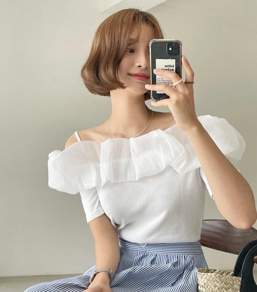 シフォンオフショルダーニット・全3色・t67308 レディース 【tops】トップス ニット 異素材 フリル シフォン オフショルダー 肩出し skt 鎖骨 デコルテ 可愛い かわいい ガーリー パステル 黄緑 コントラスト リンクル 夏 韓国ファッション