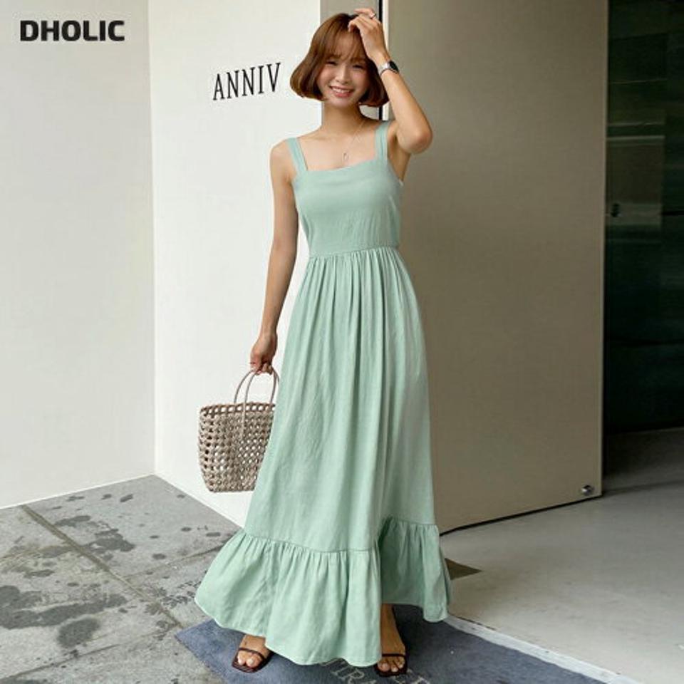 バックレスフリルヘムノースリワンピース・全3色・e67300 レディース 【ops】ワンピース ロング丈 ロングワンピース ノースリーブ フリル ティアード リゾート スクエアネック 単色 無地 シンプル 大人 背中見せ バックシャン 緑 夏 韓国ファッション