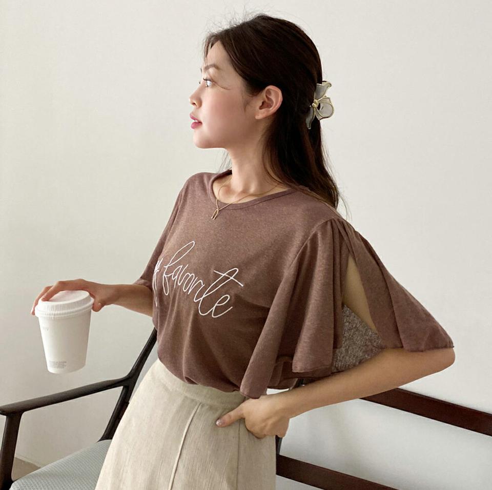 リネン混My FavoriteフレアスリーブTシャツ・全4色・t67309 レディース 【tops】トップス Tシャツ 半袖 ハーフスリーブ 袖コン フリル フレアスリーブ 二の腕カバー ロゴ ロゴT レタリング リネン カジュアル ラフ 体型カバー 夏 韓国ファッション