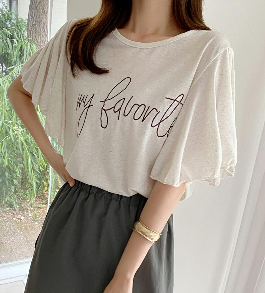 リネン混My FavoriteフレアスリーブTシャツ・全4色・t67309 レディース 【tops】トップス Tシャツ 半袖 ハーフスリーブ 袖コン フリル フレアスリーブ 二の腕カバー ロゴ ロゴT レタリング リネン カジュアル ラフ 体型カバー 夏 韓国ファッション