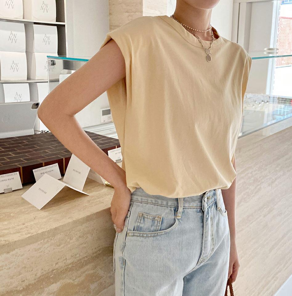 ショルダーパッドラウンドTシャツ・全4色・t67305 レディース 【tops】トップス Tシャツ ラウンドネック 無地T 単色 無地 シンプル ベーシック 肩パッド カジュアル タック 二の腕カバー 大人 ラフ 夏 韓国ファッション