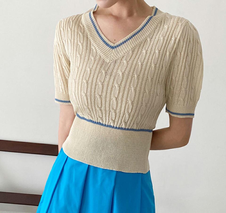 Vネックケーブルニット・全5色・t67307 レディース 【tops】トップス ニット 半袖 ハーフスリーブ ケーブ編み Vネック 配色 ライン クロップド丈 パフスリーブ 春 夏 韓国ファッション