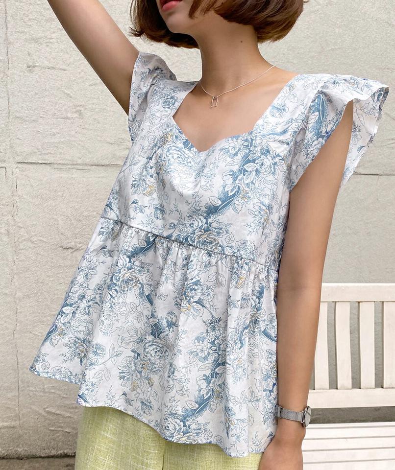 花柄フリルペプラムブラウス・全2色・t67342 レディース 【bl】トップス ブラウス ペプラム お腹カバー 花柄 フリル モダン スクエアネック デコルテ キャップスリーブ ショートスリーブ トワルドジュイ 切り替え ギャザー アンティーク柄 水色 夏 韓国ファッション