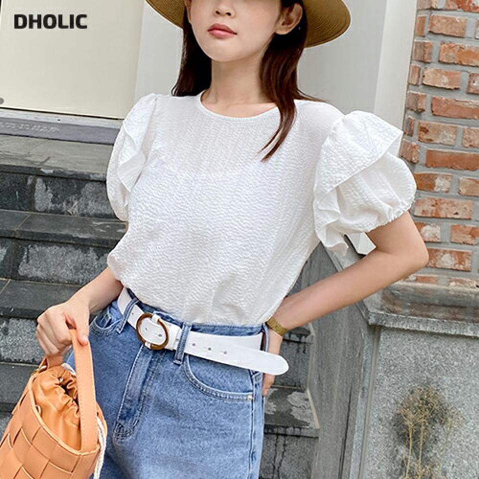 リンクルフリルブラウス・全3色・t67292 レディース 【bl】トップス ブラウス 半袖 袖コン フリル リンクル 二の腕カバー かわいい 可愛い ラウンドネック 単色 パフスリーブ 夏 韓国ファッション