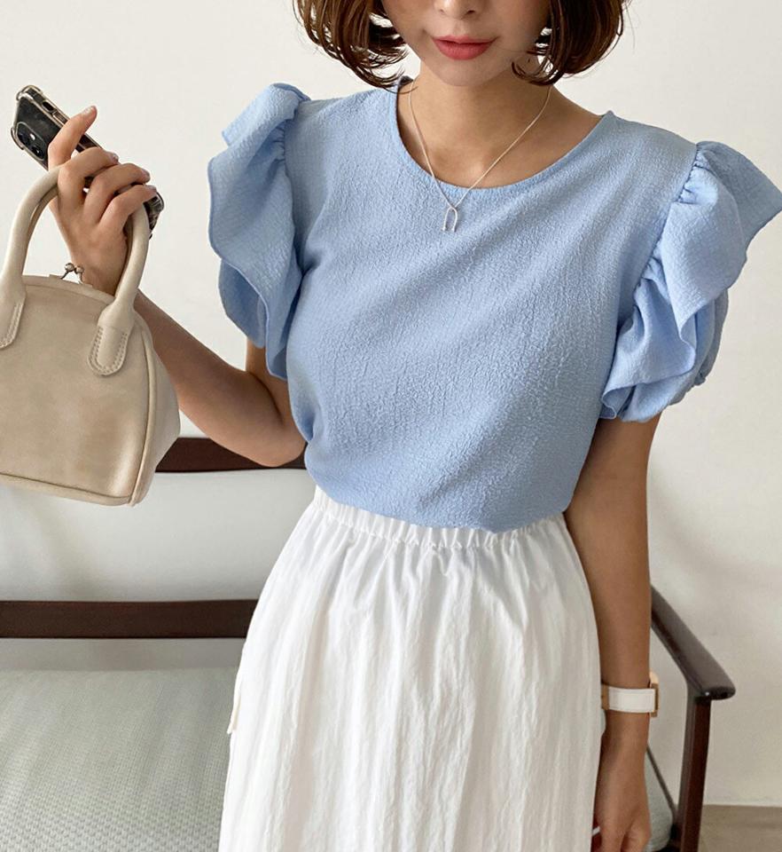 リンクルフリルブラウス・全3色・t67292 レディース 【bl】トップス ブラウス 半袖 袖コン フリル リンクル 二の腕カバー かわいい 可愛い ラウンドネック 単色 パフスリーブ 夏 韓国ファッション