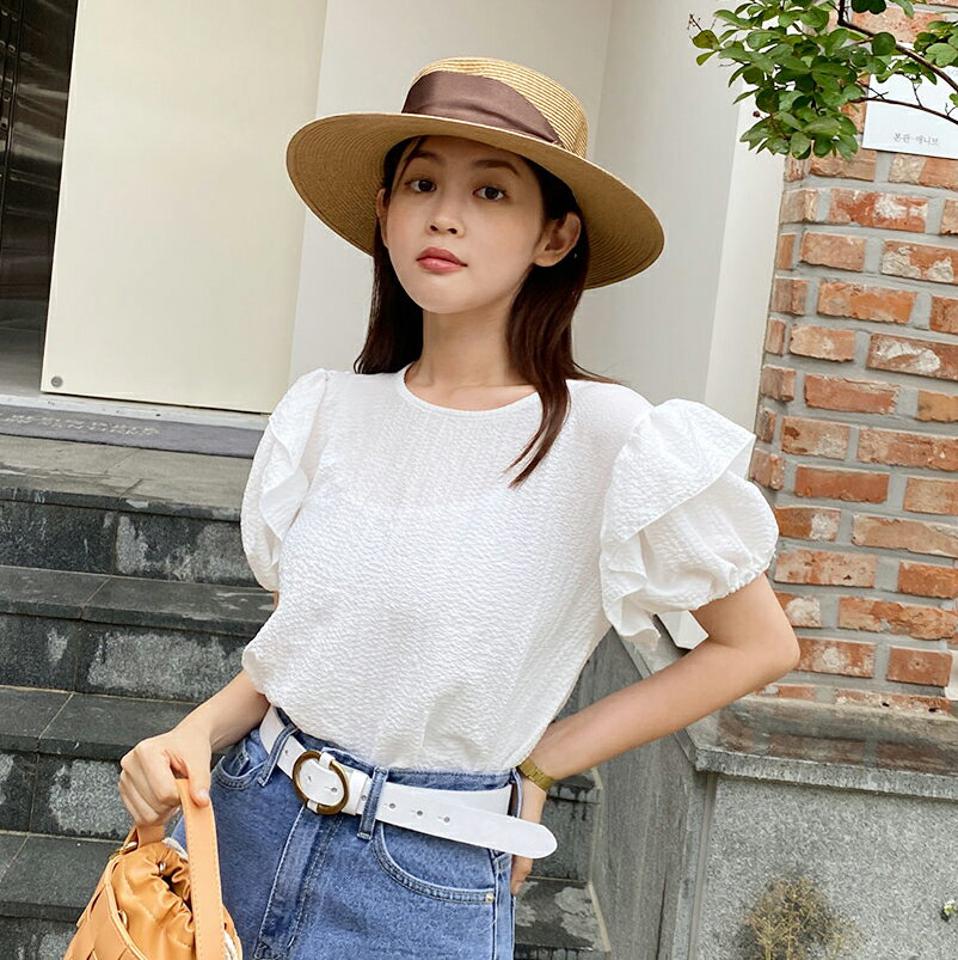 リンクルフリルブラウス・全3色・t67292 レディース 【bl】トップス ブラウス 半袖 袖コン フリル リンクル 二の腕カバー かわいい 可愛い ラウンドネック 単色 パフスリーブ 夏 韓国ファッション