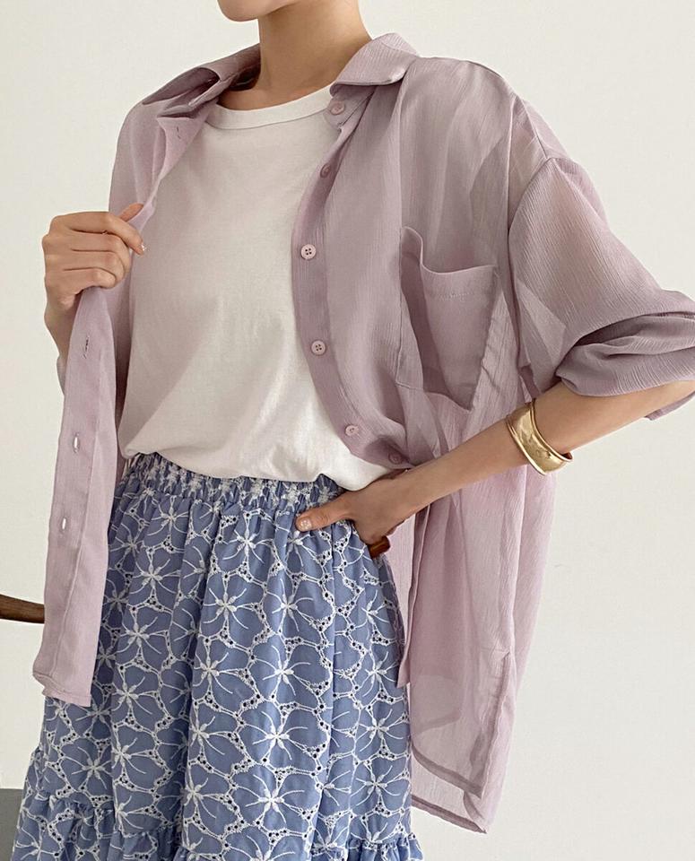 リンクルシアーシャツ・全5色・t67296 レディース 【bl】トップス シャツ 長袖 シアー 透け感 リンクル 単色 無地 シンプル 大人 ラフ カジュアル ゆったり ルーズ オーバーサイズ アンバランス 春 夏 韓国ファッション