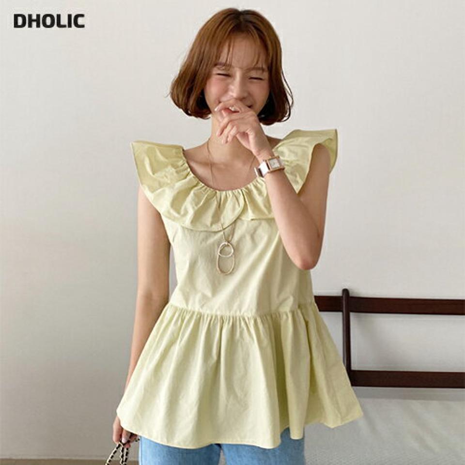 フリルペプラムブラウス・全3色・t67341 レディース 【bl】トップス ブラウス フリル 二の腕カバー 袖コン かわいい 可愛い ガーリー ペプラム お腹カバー スリーブレス ノースリーブ ラウンドネック 黄色 夏 韓国ファッション