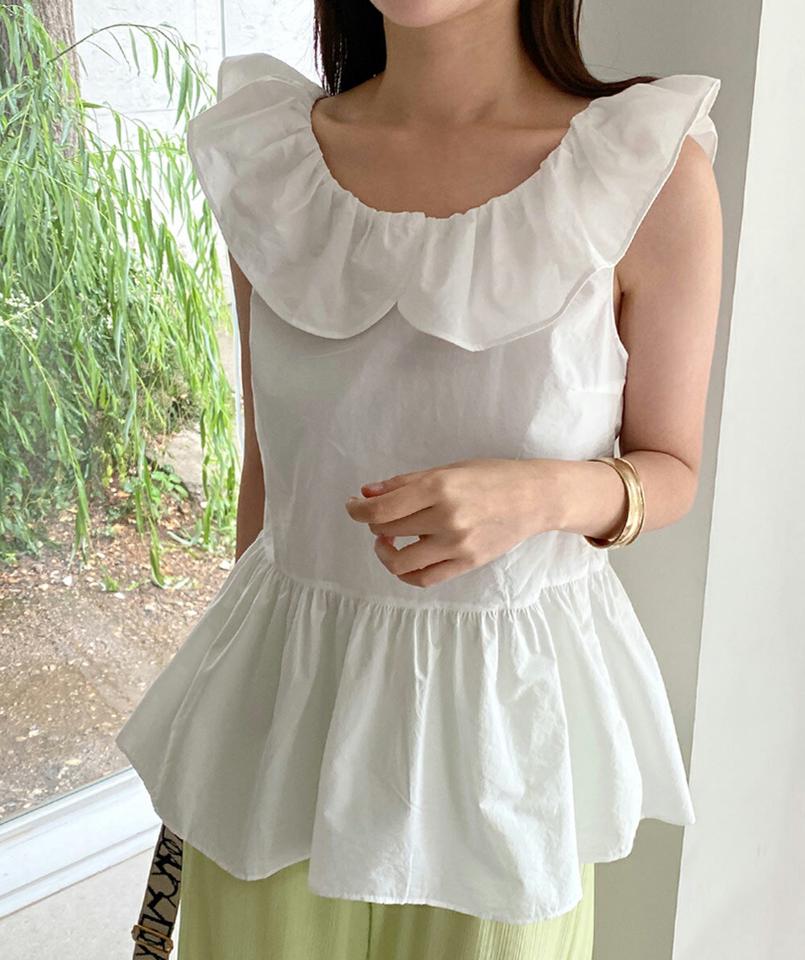 フリルペプラムブラウス・全3色・t67341 レディース 【bl】トップス ブラウス フリル 二の腕カバー 袖コン かわいい 可愛い ガーリー ペプラム お腹カバー スリーブレス ノースリーブ ラウンドネック 黄色 夏 韓国ファッション