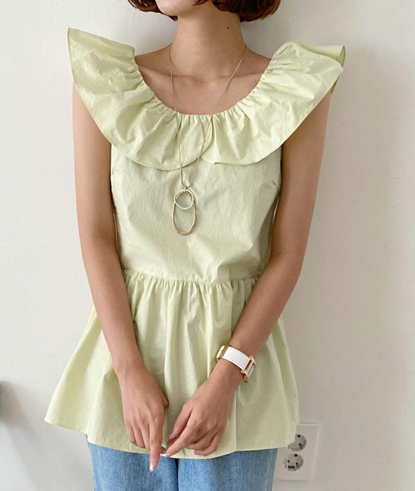 フリルペプラムブラウス・全3色・t67341 レディース 【bl】トップス ブラウス フリル 二の腕カバー 袖コン かわいい 可愛い ガーリー ペプラム お腹カバー スリーブレス ノースリーブ ラウンドネック 黄色 夏 韓国ファッション