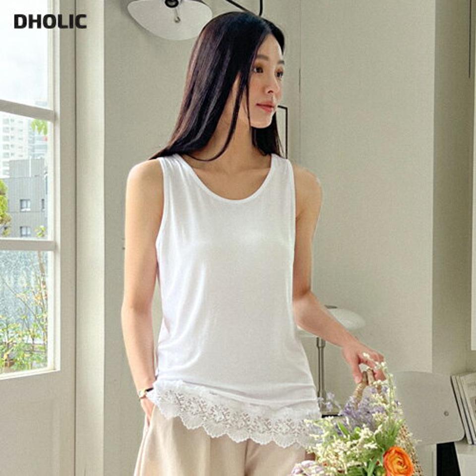 レースポイントノースリーブ・全5色・b00370 レディース 【tops】トップス ノースリーブ スリーブレス レース Uネック 鎖骨 デコルテ 単色 シンプル ベーシック ロング丈 春 夏 フェミニン 白 ホワイト 韓国ファッション ハイホリHIHOLLI