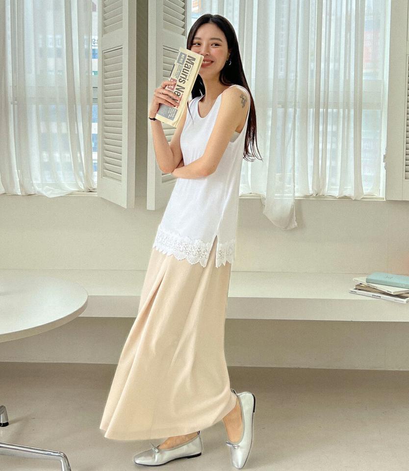 レースポイントノースリーブ・全5色・b00370 レディース 【tops】トップス ノースリーブ スリーブレス レース Uネック 鎖骨 デコルテ 単色 シンプル ベーシック ロング丈 春 夏 フェミニン 白 ホワイト 韓国ファッション ハイホリHIHOLLI