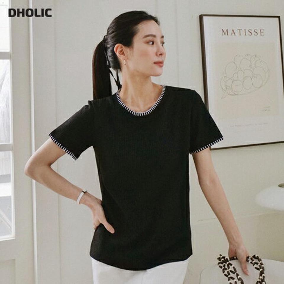 ステッチワッフル半袖Tシャツ・全3色・t00375 レディース 【tops】トップス 半袖 Tシャツ ステッチ 柄 模様 ライン ラフ 楽ちん ワッフル 配色 春 夏 カジュアル ラフ 白 黒 アイボリー ブラック かわいい 可愛い 韓国ファッション ハイホリHIHOLLI