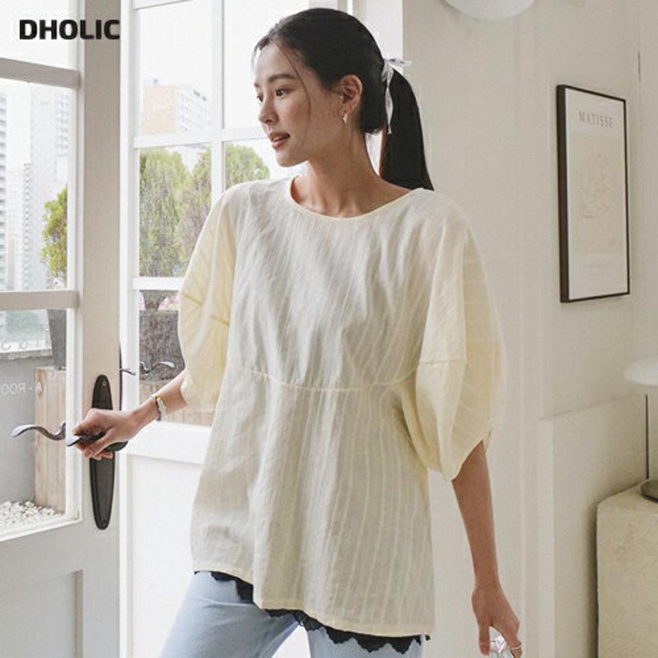 刺繍パフブラウス・全3色・b00379 レディース 【bl】ブラウス トップス 単色 柄 模様 刺繍 七分袖 7分袖 二の腕カバー お腹カバー 体型カバー パフ袖 パフスリーブ ロング丈 ルーズ 春 夏 フェミニン コットン 白 韓国ファッション ハイホリHIHOLLI