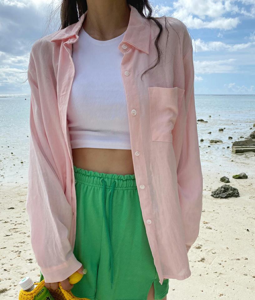 リネン混ワンポケットシャツ・全8色・t02576 レディース 【bl】トップス シャツ 長袖 リネン ポケット 単色 無地 シンプル ベーシック カジュアル アンバランス パステル 黄緑 リゾート 2022 beachwear bw 夏 韓国ファッション