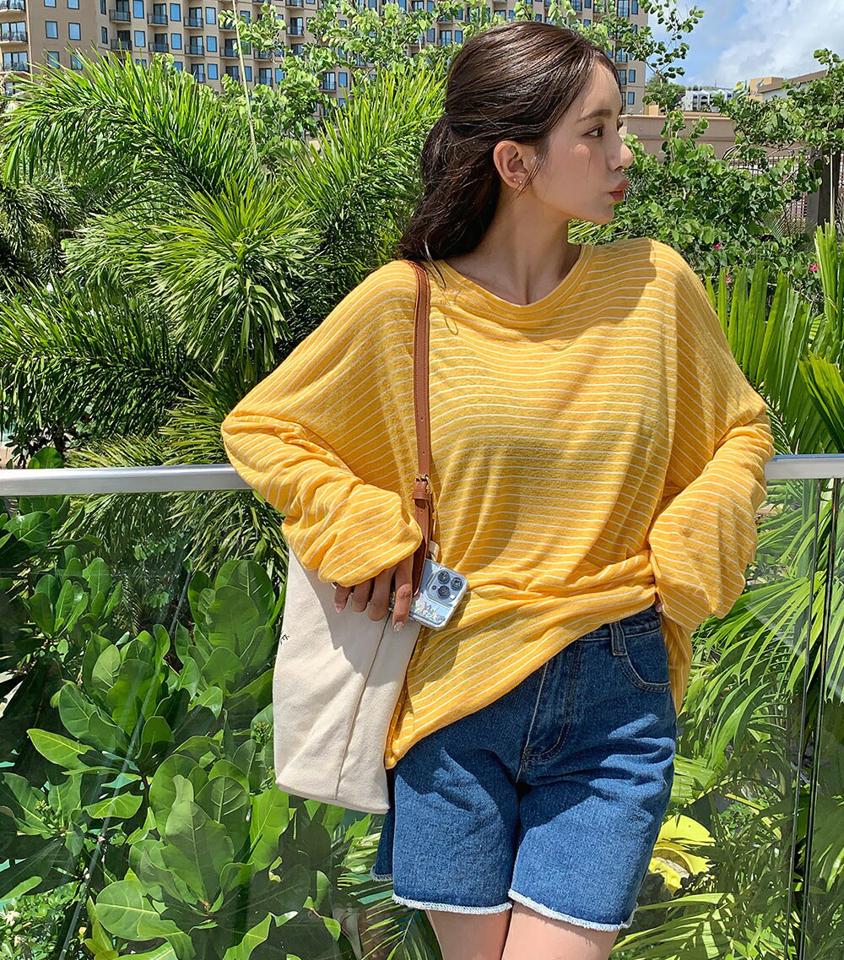 リネン混ボーダー長袖Tシャツ・全4色・t02584 レディース 【tops】トップス ロンT 長袖 Tシャツ ボーダー柄 リネン ボーダーT ラフ カジュアル ゆったり オーバーサイズ ラウンドネック リゾート 2022 beachwear bw 夏 韓国ファッション
