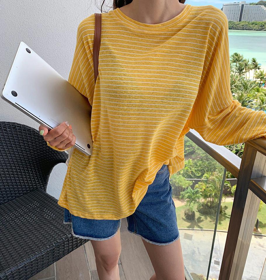 リネン混ボーダー長袖Tシャツ・全4色・t02584 レディース 【tops】トップス ロンT 長袖 Tシャツ ボーダー柄 リネン ボーダーT ラフ カジュアル ゆったり オーバーサイズ ラウンドネック リゾート 2022 beachwear bw 夏 韓国ファッション