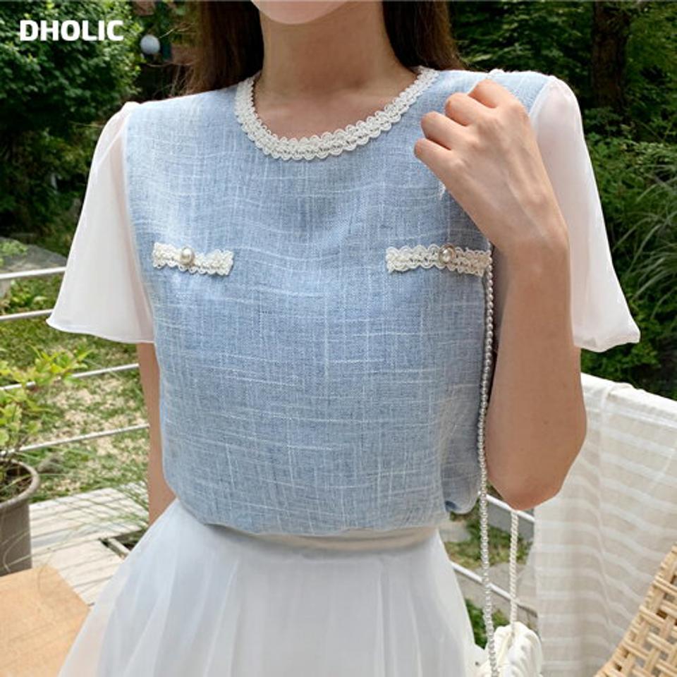 フェイクパールツイード配色ブラウス・全3色・t66842 レディース 【bl】トップス ブラウス 半袖 シアー シフォン 透け感 シースルー ツイード 上品 パールボタン きれいめ 大人 スカラップ ラウンドネック 水色 パステル 夏 韓国ファッション