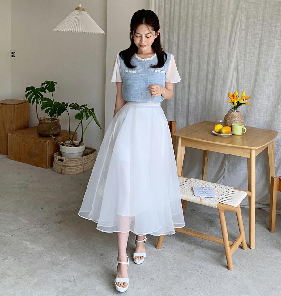 フェイクパールツイード配色ブラウス・全3色・t66842 レディース 【bl】トップス ブラウス 半袖 シアー シフォン 透け感 シースルー ツイード 上品 パールボタン きれいめ 大人 スカラップ ラウンドネック 水色 パステル 夏 韓国ファッション