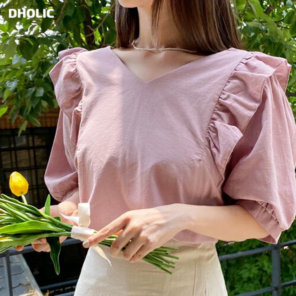 バックストラップVネックブラウス・全3色・b66844 レディース 【bl】トップス ブラウス 半袖 ハーフスリーブ 二の腕カバー フリル パフスリーブ Vネック 袖コン フェミニン かわいい 可愛い 単色 ピンク くすみ 夏 韓国ファッション