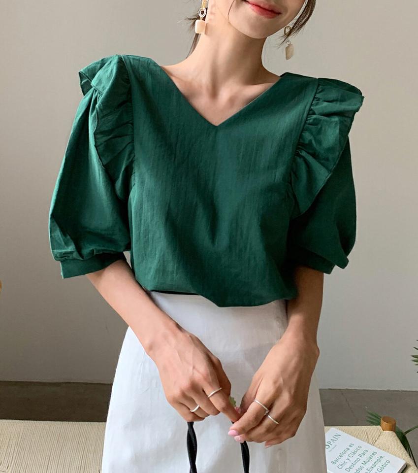 バックストラップVネックブラウス・全3色・b66844 レディース 【bl】トップス ブラウス 半袖 ハーフスリーブ 二の腕カバー フリル パフスリーブ Vネック 袖コン フェミニン かわいい 可愛い 単色 ピンク くすみ 夏 韓国ファッション