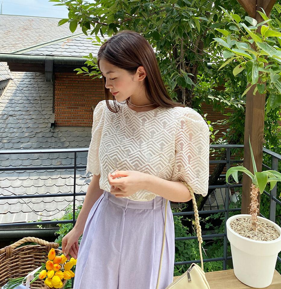 ジグザグ刺繍シアーパフブラウス・全3色・b66845 レディース 【bl】トップス ブラウス 半袖 ハーフスリーブ 透け感 シアー シースルー 刺繍 模様 レイヤード モダン 大人 パフスリーブ 上品 ラウンドネック スカラップヘム 春 夏 韓国ファッション
