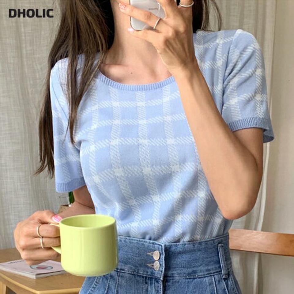 【10%OFF】チェックスクエアネックニット・全8色・t66848 レディース 【tops】トップス ニット 半袖 チェック柄 ガーリー スクエアネック かわい 可愛い デコルテ 鎖骨 水色 パステル 半袖ニット アクリルニット 夏 韓国ファッション セール SALE