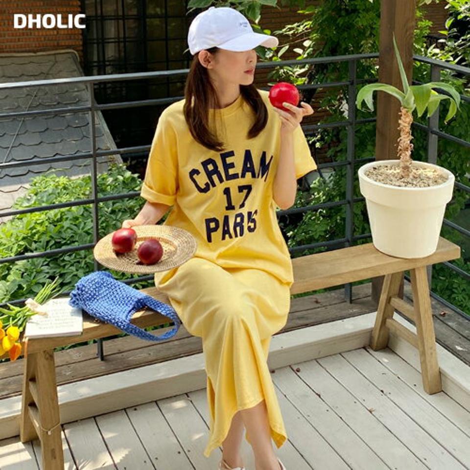 【10%OFF】CREAMロゴTシャツワンピース・全3色・b66853 レディース 【ops】ワンピース ロング丈 ロゴ レタリング カジュアル ラウンドネック 半袖 ハーフスリーブ ラフ 体型カバー ワンマイルウェア 黄色 イエロー ポケット 春 夏 韓国ファッション セール SALE