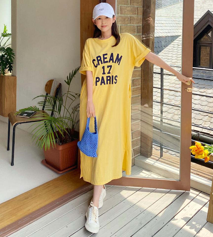 【10%OFF】CREAMロゴTシャツワンピース・全3色・b66853 レディース 【ops】ワンピース ロング丈 ロゴ レタリング カジュアル ラウンドネック 半袖 ハーフスリーブ ラフ 体型カバー ワンマイルウェア 黄色 イエロー ポケット 春 夏 韓国ファッション セール SALE