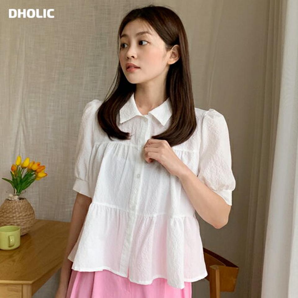 ティアードリンクルカラーブラウス・全3色・t66875 レディース 【bl】トップス ブラウス 襟 ボタン ティアード 体型カバー 単色 フェミニン かわいい 可愛い リンクル 半袖 ハーフスリーブ パフスリーブ 二の腕カバー 春 夏 韓国ファッション