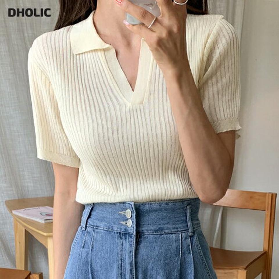 スリットカラーネックリブニット・全10色・t66847 レディース 【tops】トップス ニット 半袖 リブトップス 襟 Vネック スリットネック 単色 無地 シンプル 大人 カジュアル タイト 春 夏 サマーニット 韓国ファッション