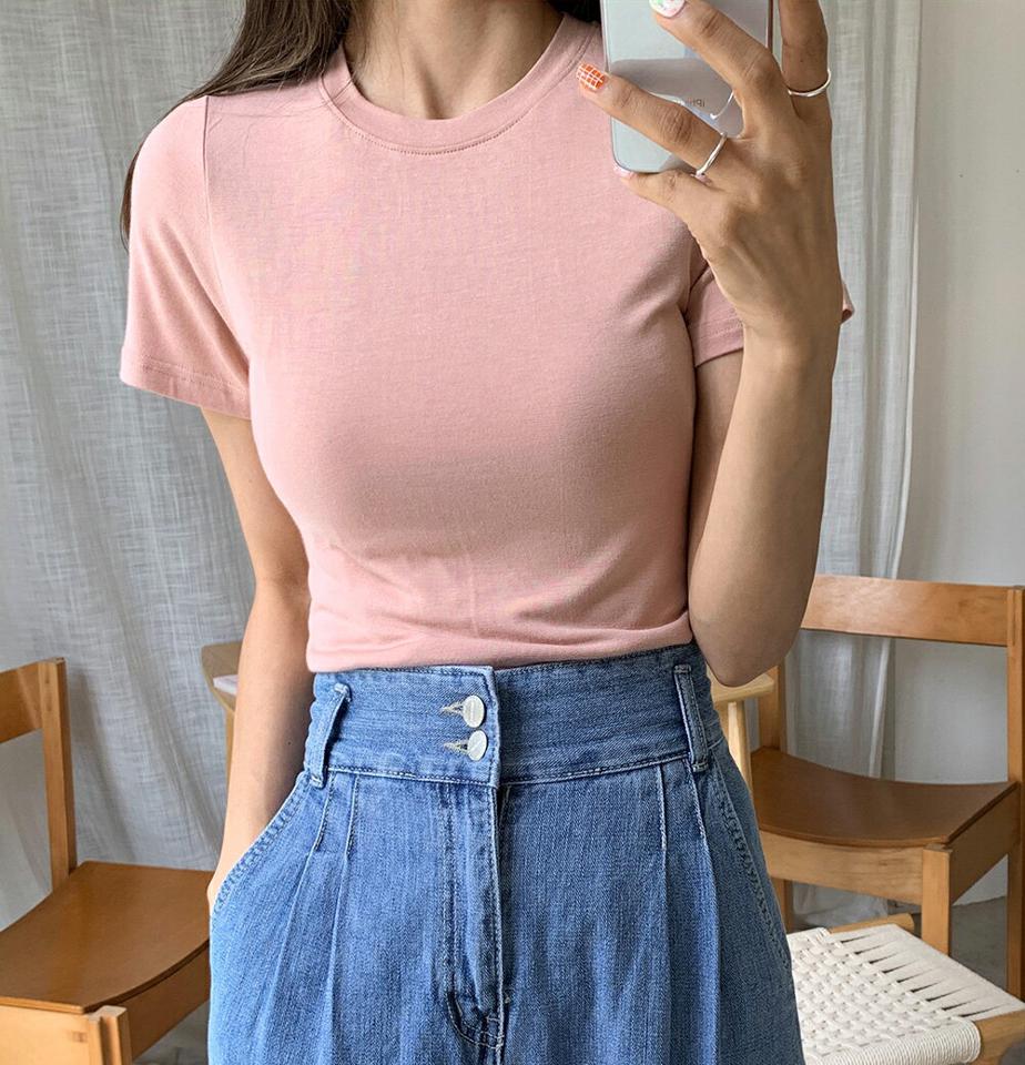 タイト半袖Tシャツ・全8色・t66840 レディース 【tops】トップス Tシャツ 半袖 ラウンドネック 単色 無地 シンプル ベーシック カジュアル ラフ タイト レーヨン ピンク パステル 春 夏 韓国ファッション
