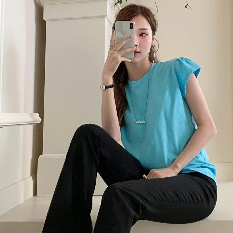 ≪人気商品再入荷≫キャップスリーブTシャツ・全5色・b72295 レディース 【tops】トップス Tシャツ 半袖 単色 無地 シンプル ベーシック キャップスリーブ フレンチスリーブ パフスリーブ 春 夏 カジュアル 水色 韓国ファッション ハイホリHIHOLLI