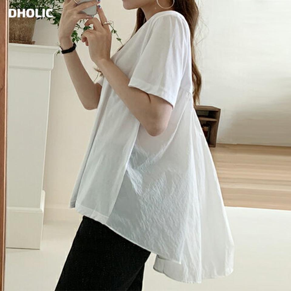 バックフレアTシャツ・全3色・b72296 レディース 【tops】トップス 半袖 単色 無地 シンプル ベーシック フレア お腹カバー 体型カバー ゆったり 楽ちん 綿 コットン バックシャン 春 夏 カジュアル 白 ホワイト 韓国ファッション ハイホリHIHOLLI