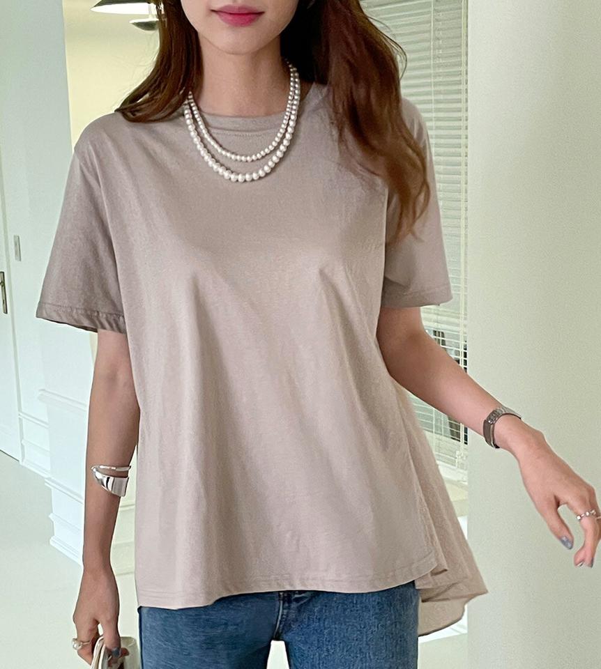 バックフレアTシャツ・全3色・b72296 レディース 【tops】トップス 半袖 単色 無地 シンプル ベーシック フレア お腹カバー 体型カバー ゆったり 楽ちん 綿 コットン バックシャン 春 夏 カジュアル 白 ホワイト 韓国ファッション ハイホリHIHOLLI