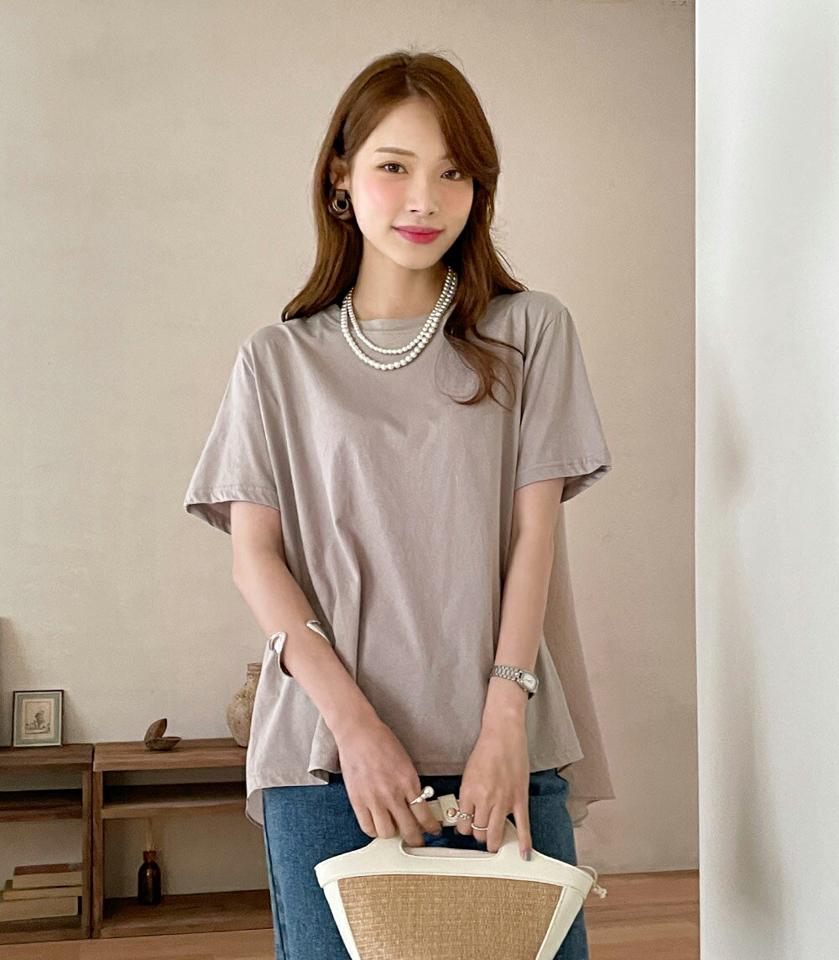 バックフレアTシャツ・全3色・b72296 レディース 【tops】トップス 半袖 単色 無地 シンプル ベーシック フレア お腹カバー 体型カバー ゆったり 楽ちん 綿 コットン バックシャン 春 夏 カジュアル 白 ホワイト 韓国ファッション ハイホリHIHOLLI